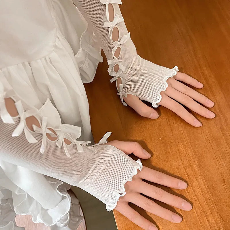 Princess Lolita Lace Long Fingerless Gloves With Bow For Cosplay 💖🌸🧤