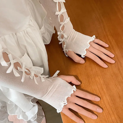 Princess Lolita Lace Long Fingerless Gloves With Bow For Cosplay 💖🌸🧤
