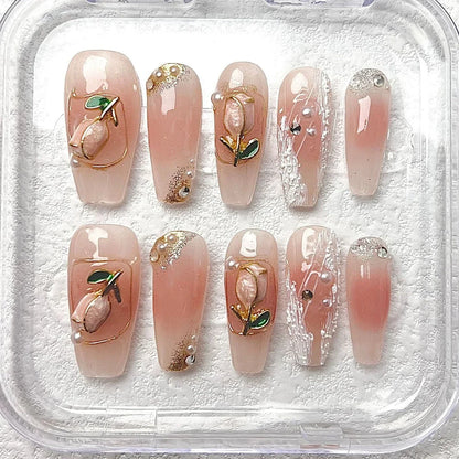 Kawaii Shimmering 10Pcs Handmade Press-On Nails ✨💖 Bowknot Design Coffin Style - Cute & Elegant Full Cover Nail Tips!