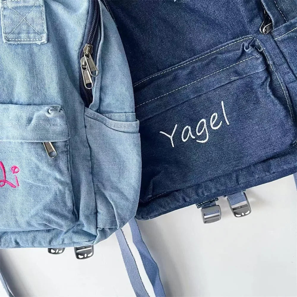 Kawaii Denim Delight 🎒✨ Personalized Backpack for Kids & Adults - Adorable Custom Embroidered Name Schoolbag! 💖🌈