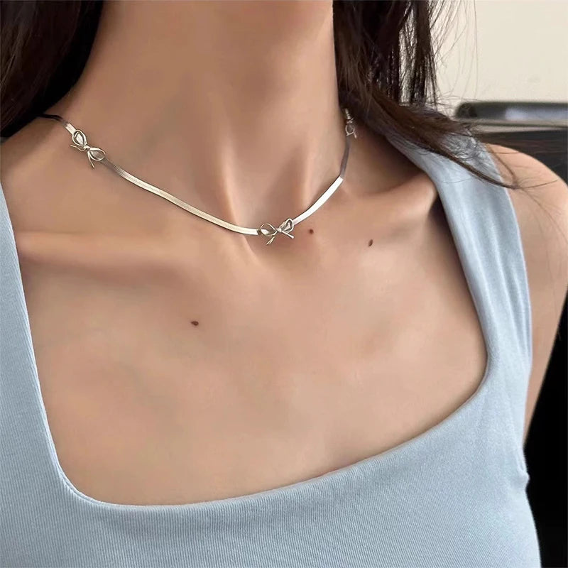 Kawaii Bow Necklace 🌟 | 925 Sterling Silver Minimalist Jewelry 🎀 | Exquisite Personalized Collarbone Chain for Women 💖