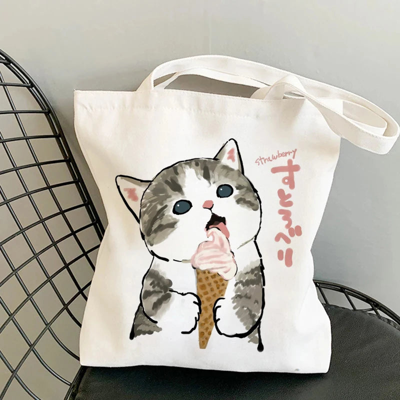 Kawaii Cat Canvas Tote: Adorable Shoulder Bag for Fashionable Girls 🐾🌟 - Pixie Quill