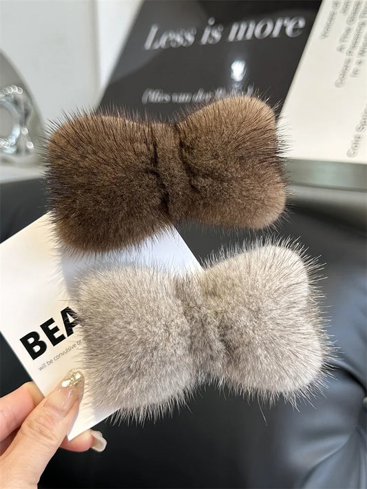 Kawaii Luxury Mink Fur Bowknot Hairpin 🎀✨ Cute Plush Side Clip for Adorable Hair Styles! 💖