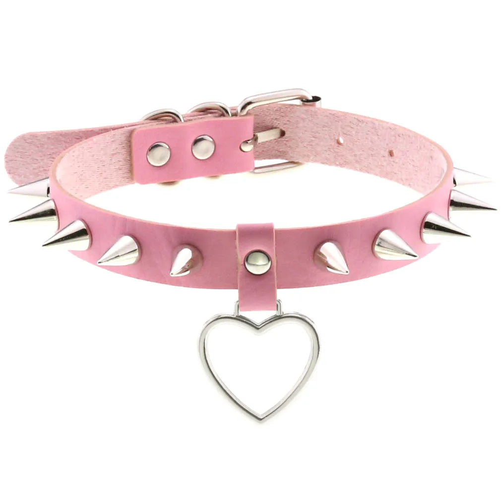 Pink Lace Leather Choker With Heart Pendant, Punk Gothic Style ✨💗