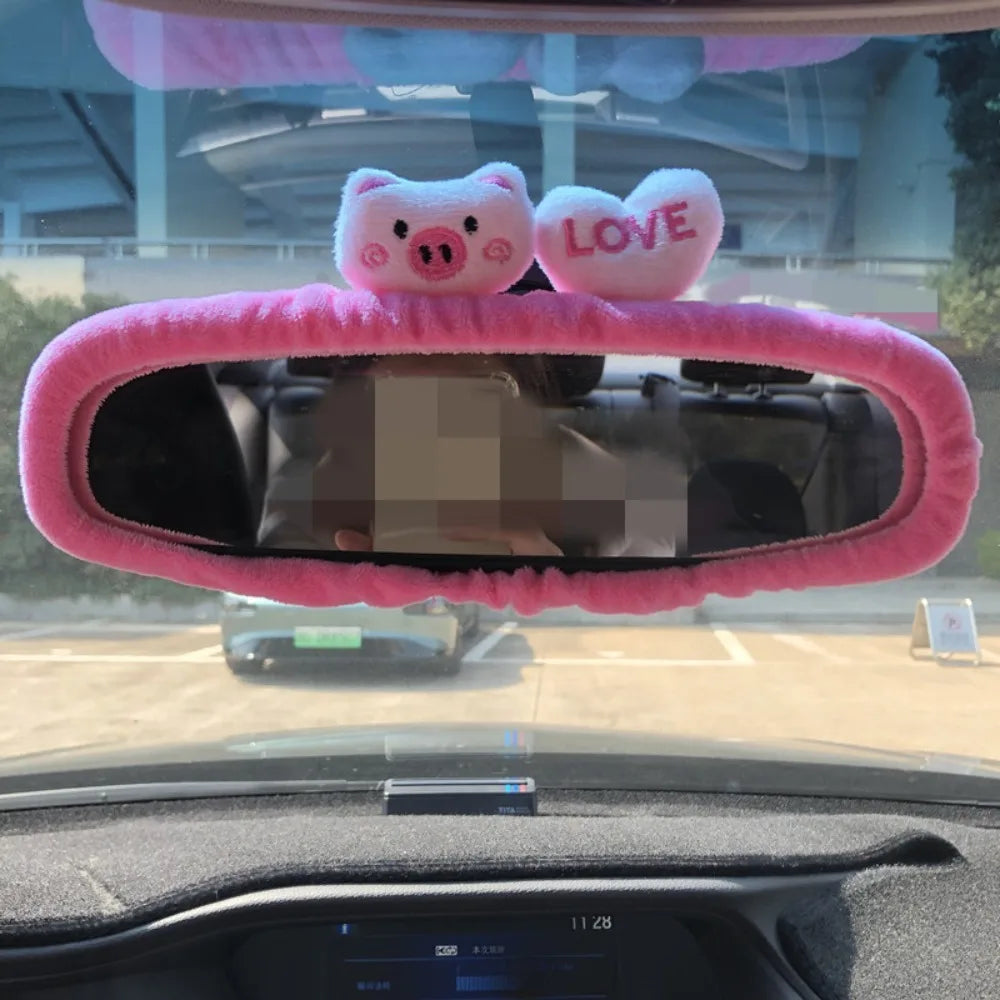 Kawaii Plush Pig & Bear Rear View Mirror Cover 🐷🐻 | Cute Elastic Car Accessory for a Whimsical Touch! 🌟✨