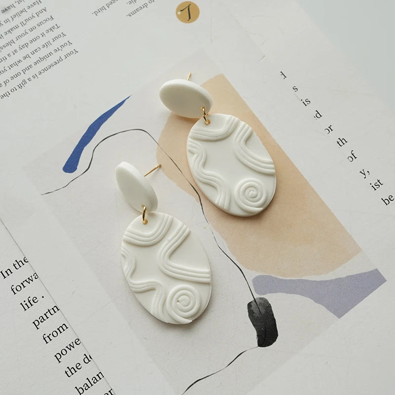 Trendy Strips Line layers Oval Handmade Polymer Clay Dangle Large Light Earrings For Women Unique Sweet Knitted Geometric Set