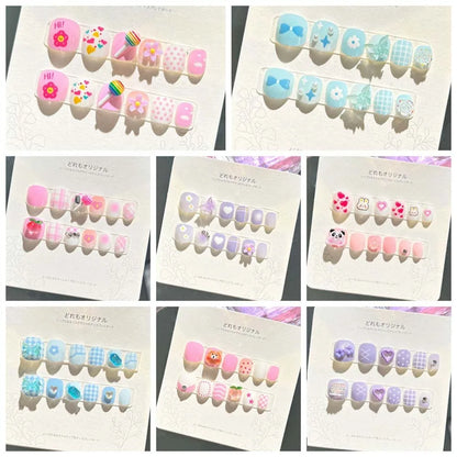 Kawaii Bunny Flower Fake Nails 🌸🐰 | Adorable Cartoon Nail Art for Kids 💅✨ - 12 Pcs Set