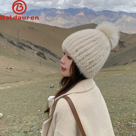 Fluffy Real Mink Fur Hat For Women With Fox Fur Pom Poms ❄️ Cozy Winter Beanie