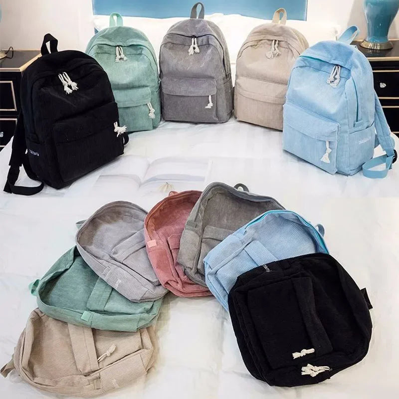 Soft Corduroy Women Backpack Female Travel Backpack Teenage Girls Striped School Backpack Large Capacity Book Bag - Pixie Quill