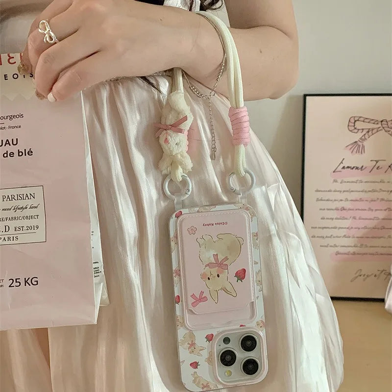 🍓🐰 Adorable Strawberry Bunny Phone Case with Lanyard for iPhone 15 & 14 Plus! 🌟📱
