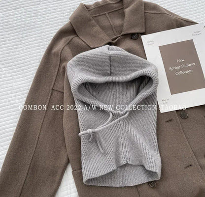 Knit Hooded Balaclava Beanie For Women Warm Winter Korean Style Drawstring 🐰