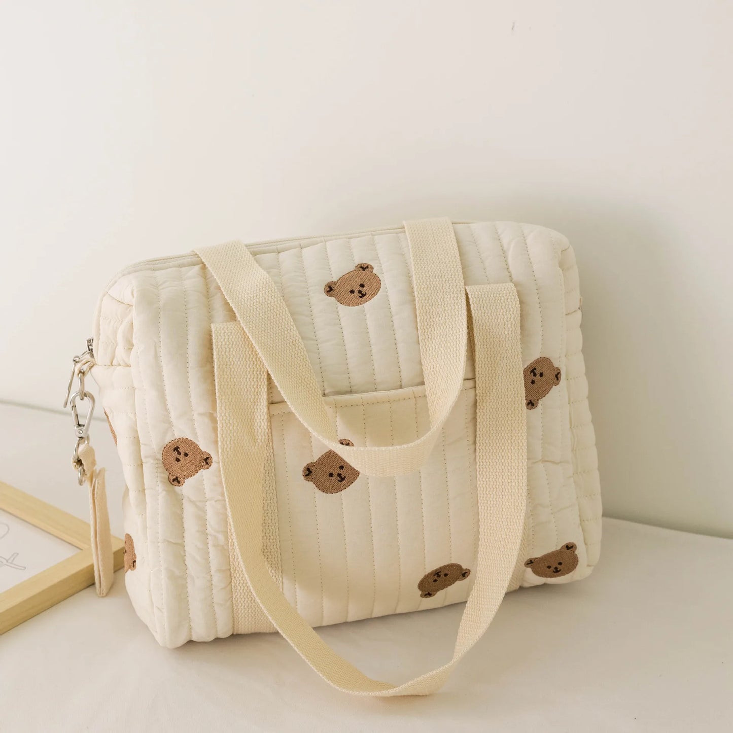 Kawaii Bear Embroidered Baby Diaper Bag 🐻💕 | Stylish Quilted Mummy Messenger Bag for Newborn Care & Stroller Storage 🌈✨