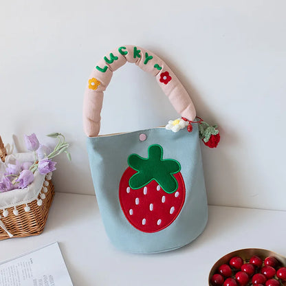 Kawaii Strawberry Embroidery Canvas Bucket Bag 🍓✨ - Cute Summer Handbag for Women with Pendant & Fashionable Letter Design!