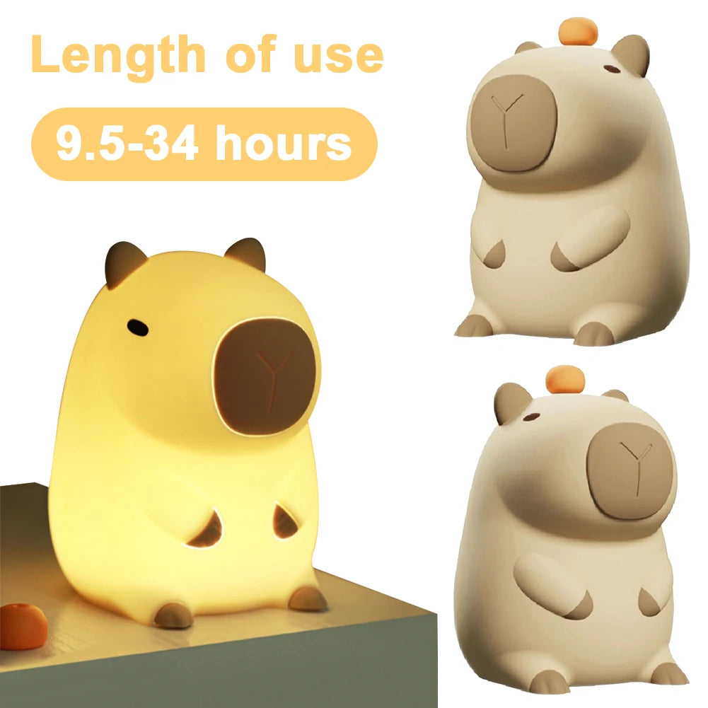 Kawaii Capybara Night Light 🌟✨ Dimmable Silicone Bedside Lamp for Kids 💖 USB Rechargeable & Playful Design 🦙💤