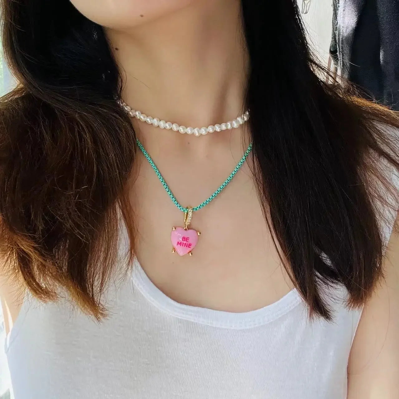 💖 Cute Colorful Heart Pendant Necklace ✨ Y2K Resin Charm with Zircon Accents for Trendy Women 🌈