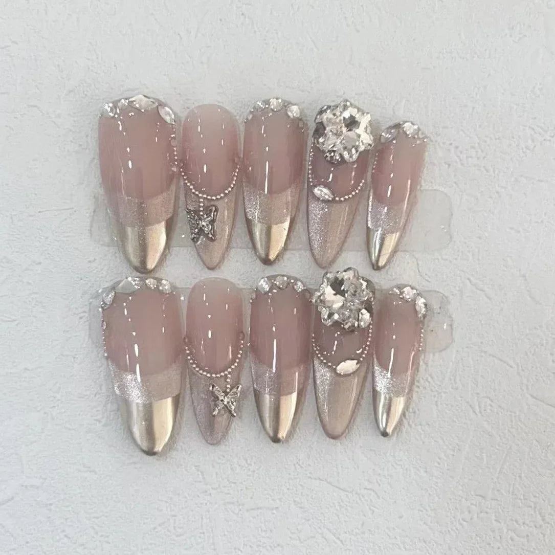 Kawaii 10-Piece Rhinestone Almond Press-On Nails ✨💅 | Handmade Acrylic Nail Art Set for Adorable Looks! 🌟