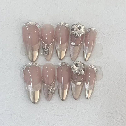 Kawaii 10-Piece Rhinestone Almond Press-On Nails ✨💅 | Handmade Acrylic Nail Art Set for Adorable Looks! 🌟