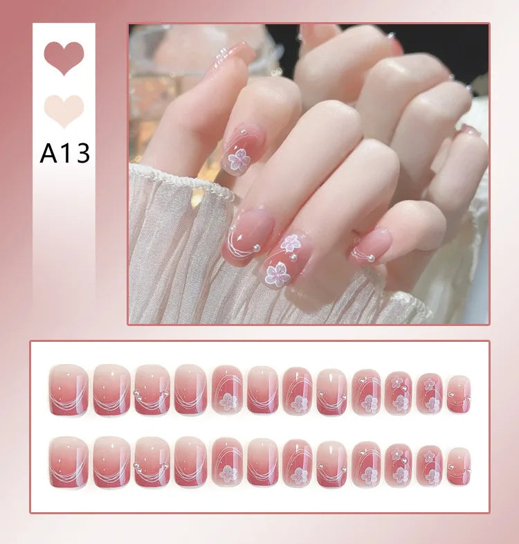 Kawaii Bunny Blossom 🌸✨ 24pcs Pink Flower Rhinestone Coffin Press-On Nails - Acrylic Nail Art for a Cute Touch! 🐰💖