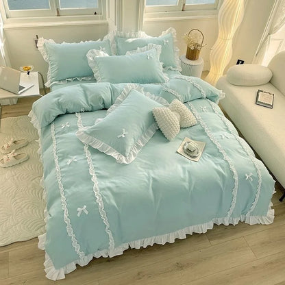 Kawaii Princess Dreamland Bedding Set with Lace & Bowknot Accents 🌸✨