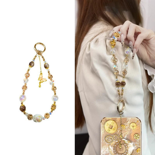 Crystal Phone Chain With Butterfly Pendant, Sweet Gold Bead Wrist Strap 💎🦋