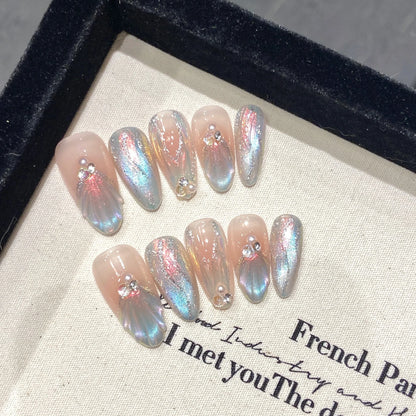 🌈✨ Kawaii Aurora Shell Design Press-On Nails - 10Pcs Long Almond Acrylic Nail Art with Jelly Glue! 💅🌟