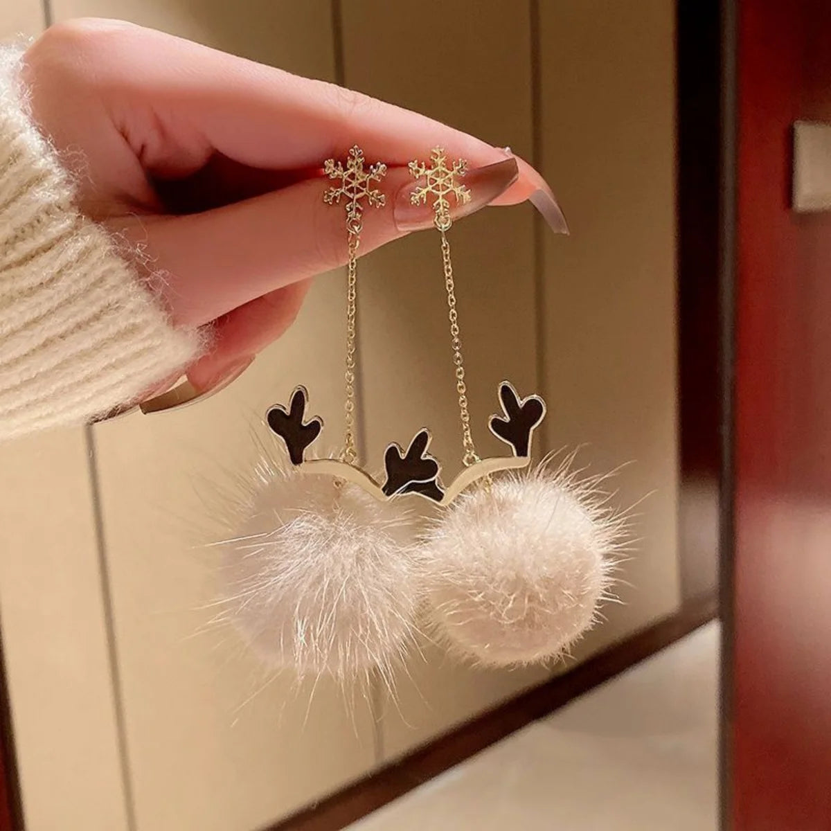 Snowflake Deer Plush Ball Earrings Snow Flower Drop Christmas Jewelry Gift 🦌❄️
