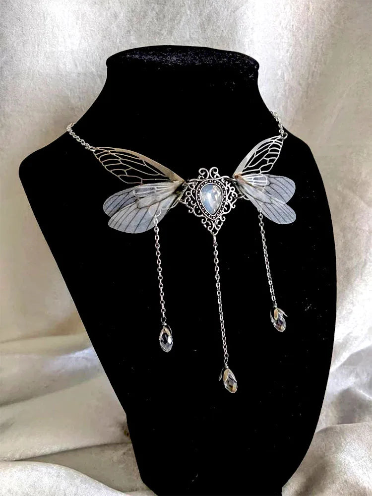 Kawaii Enchanted Faerie Queen Necklace ✨🧚‍♀️ with Wing Charm & Crystal Drops 🌸🌟