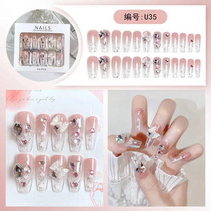 Kawaii Blush Pink 3D Bowknot & Pearl Press-On Nails 💖✨ | 24pcs Adorable Fake Nail Tips for Cute DIY Manicures!