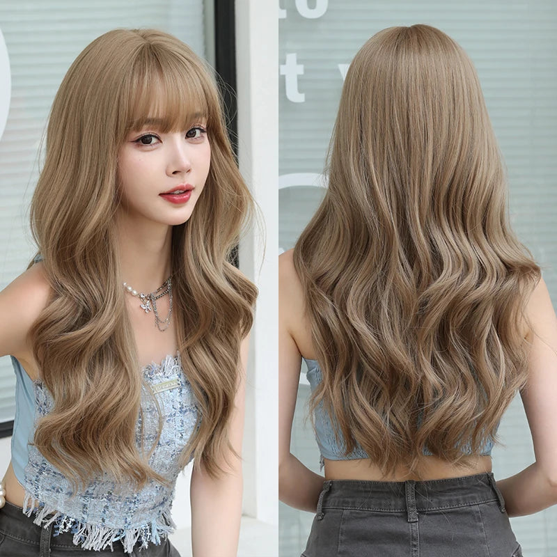 Kawaii Dreamy Sakura Pink Wavy Wig 🌸✨ | High-Density Curly Hair with Bangs for Sweet Girls 💖🎀
