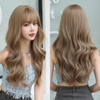 Kawaii Dreamy Sakura Pink Wavy Wig 🌸✨ | High-Density Curly Hair with Bangs for Sweet Girls 💖🎀