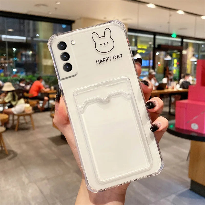 ✨ Adorable Transparent Bear Card Holder Case for Samsung Galaxy S22/S21/S20 FE/S10/S10e/Note 10/20 Plus Ultra 🐻💕