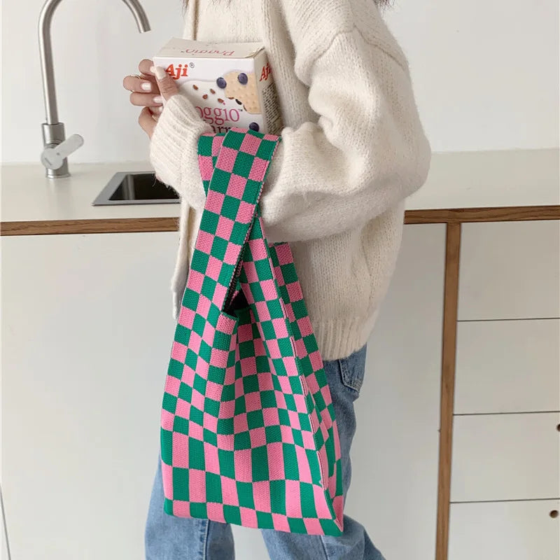 💖 Cozy Checkerboard Knitted Tote 👜✨ - Fun & Funky Large Capacity Bag! 🎉 - Pixie Quill