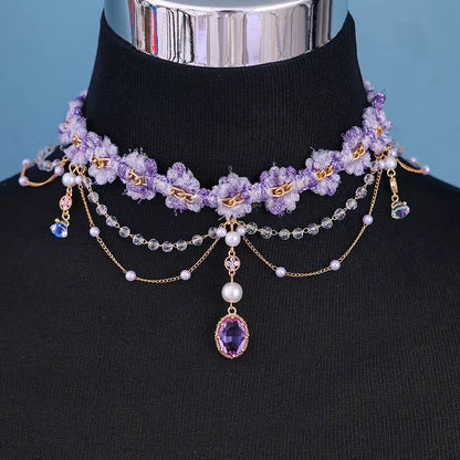 Kawaii Sparkle: Adorable Purple Rhinestone & Pearl Tassel Necklace 🌸✨ Perfect for Bridal Bliss & Wedding Charm! 💖