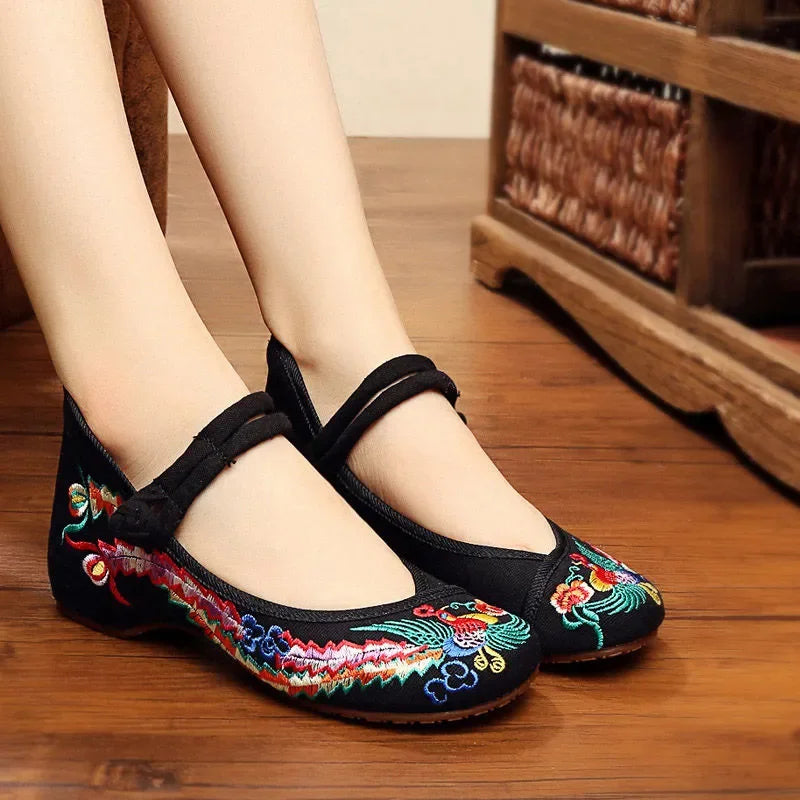 Retro Red Embroidered Ballet Flats Women Casual Anti Skid Hemp Flat Shoes 👡🌸