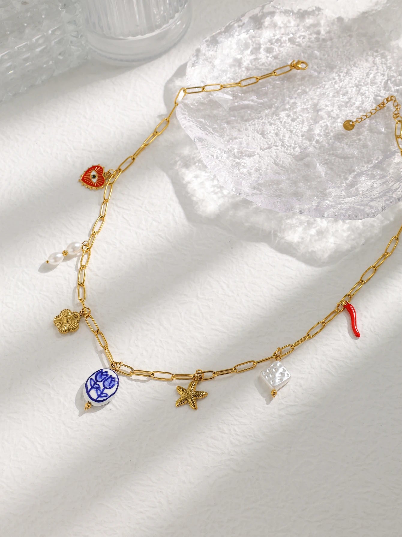 Enchanting Tulip Ceramic Pendant Necklace With Pearl Eye Flower Starfish Charm In Stainless Steel Women Jewelry 💎🌷🐚