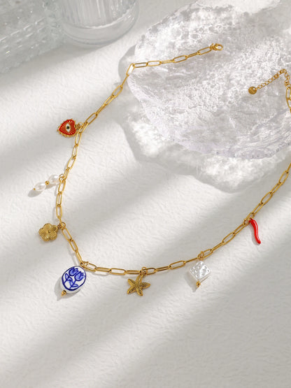 Enchanting Tulip Ceramic Pendant Necklace With Pearl Eye Flower Starfish Charm In Stainless Steel Women Jewelry 💎🌷🐚