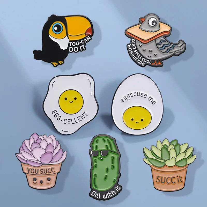 Kawaii Animal & Plant Enamel Pins 🌿🦜 Cute Brooches - Toucan, Pigeon, Succulent & More! 🥚🥒