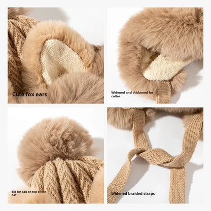 Cute Winter Fox Ear Knitted Hat 🦊❄️ - Adorable Plush Bonnets for Women to Keep Warm and Stylish!