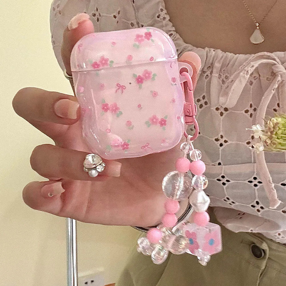 Cute Pink Flower Pattern Headphones Case For Airpods Pro 2nd 3rd Generation Soft Cover For AirPods 1 2 3 With Pearl Keychain - Pixie Quill