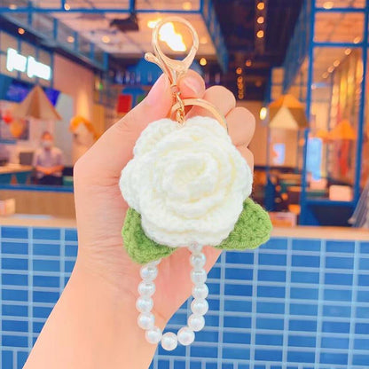 Fluffy Knit Rose Keychain Crochet Flower Pendant With Pearl Wrist Strap 🎀🌸🧶