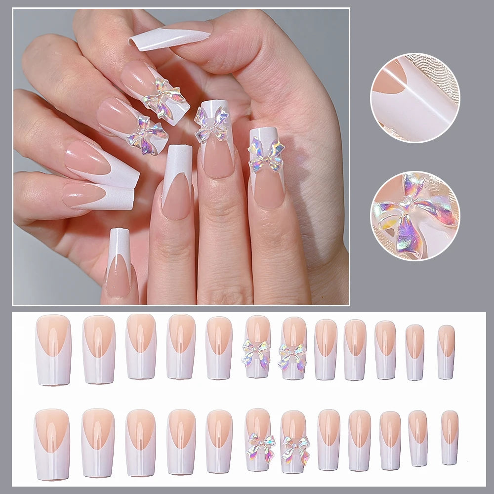 Kawaii Blush Pink 3D Bowknot & Pearl Press-On Nails 💖✨ | 24pcs Adorable Fake Nail Tips for Cute DIY Manicures!