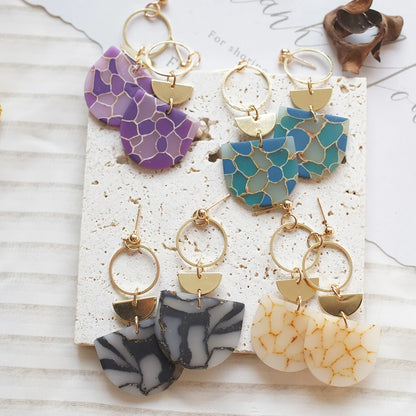 Trendy Fashion Multi Colors Marble Pattern Shield Shape with Brass Ring Dangle Drop Polymer Clay Earrings Women Jewelry