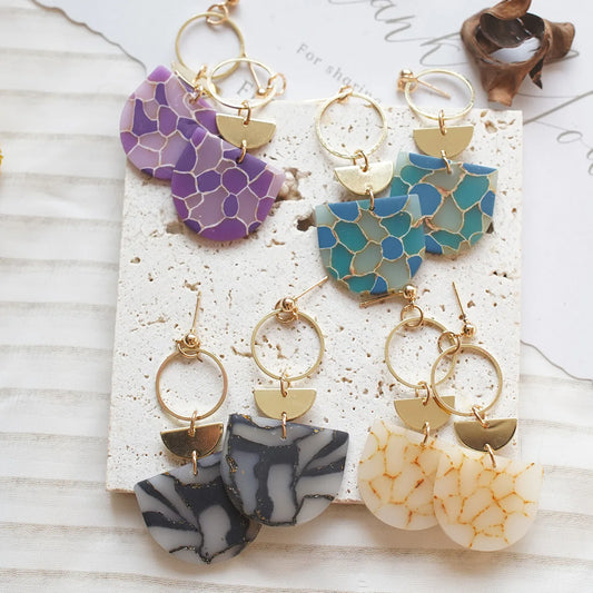 Trendy Fashion Multi Colors Marble Pattern Shield Shape with Brass Ring Dangle Drop Polymer Clay Earrings Women Jewelry