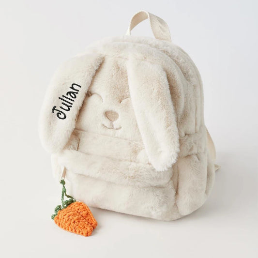 Custom Beige Plush Carrot Bunny Backpack 🐰✨ - Personalized Embroidered Gift Bag for Kids! 🎁