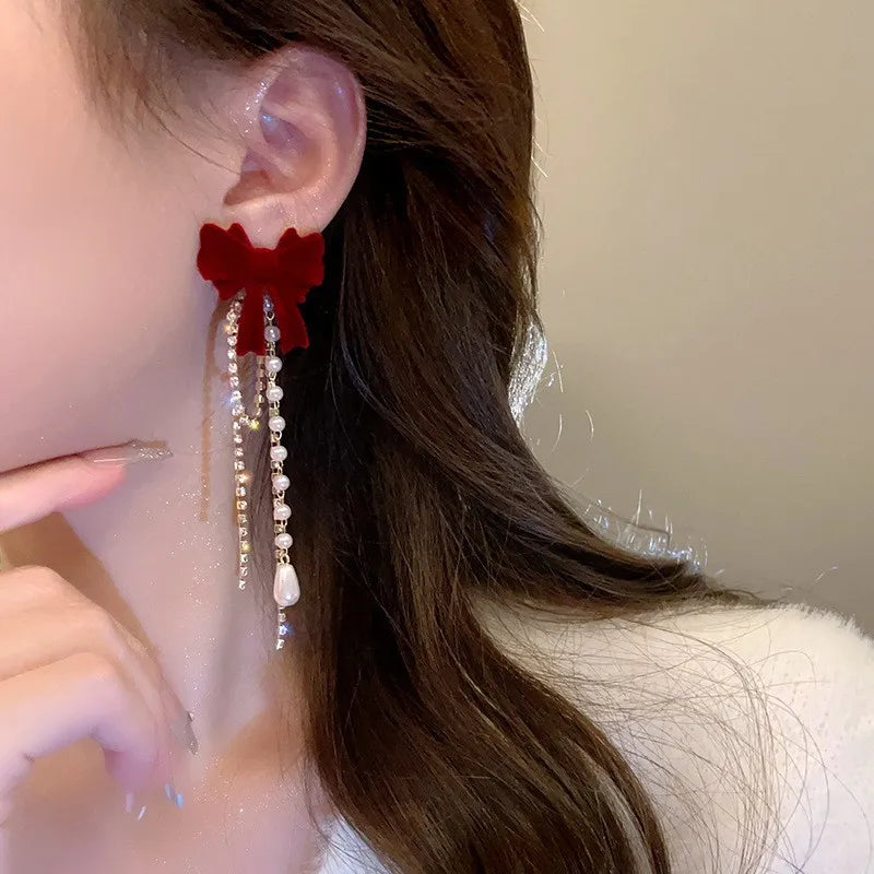 Charming Wine Red Bow Pearl Tassel Earrings 🎀🌟 | Kawaii 2024 Bridal Jewelry ✨