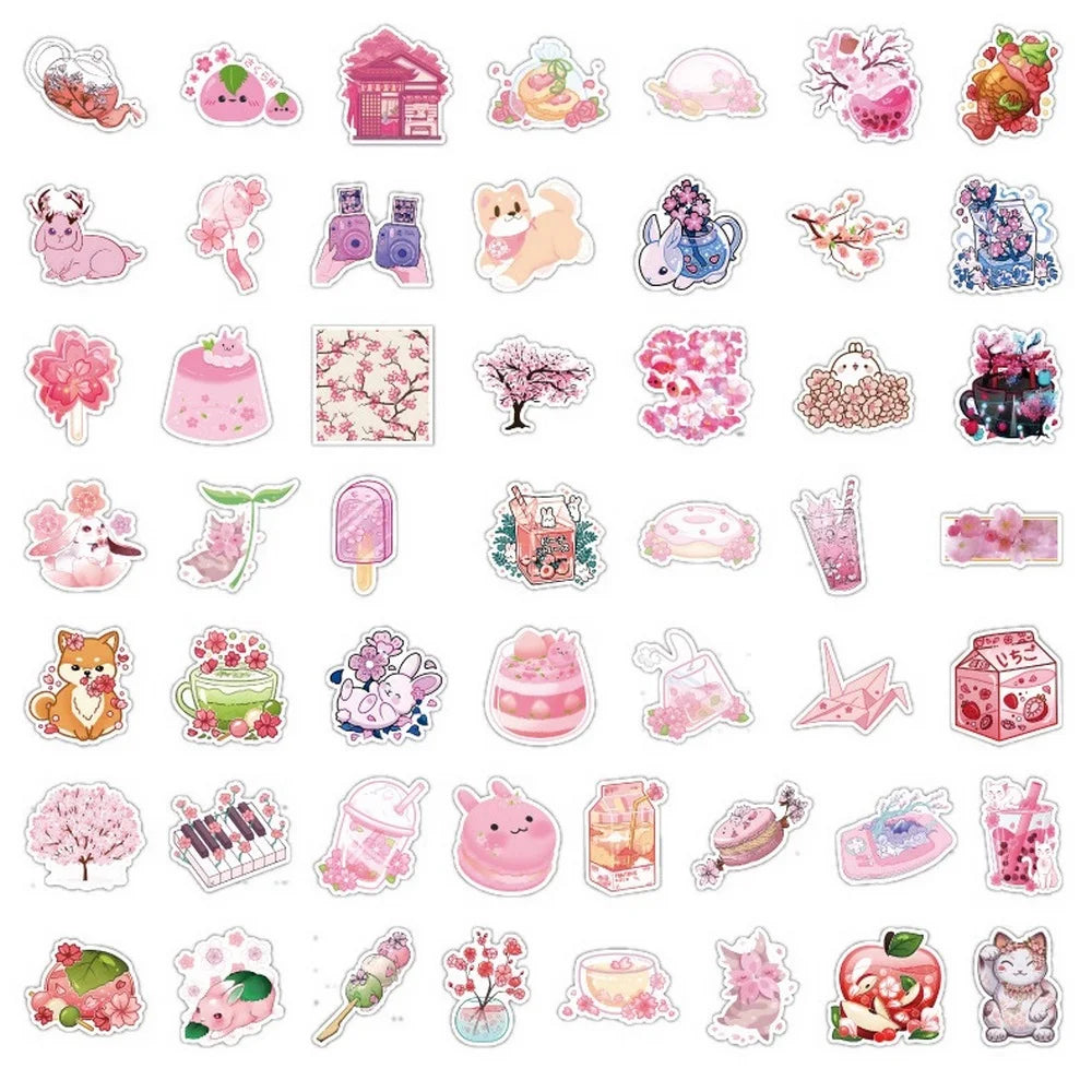 Kawaii Pink Sakura Blossom Stickers 🌸✨ - 50/100 Waterproof Vinyl Decals for Scrapbooking & Aesthetic Decor!