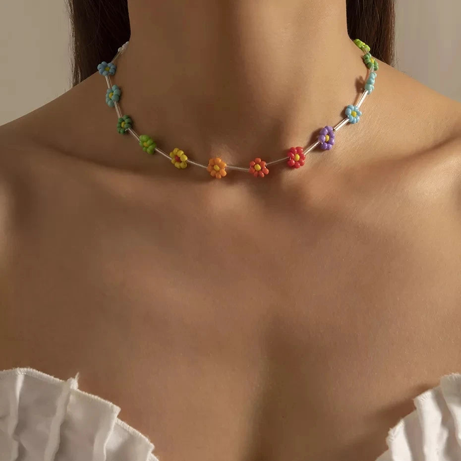 🌈 Boho Chic Rainbow Seed Beads Choker 🌸 Kawaii Floral Necklace for Women ✨ Trendy Korean Fashion Jewelry