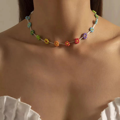 🌈 Boho Chic Rainbow Seed Beads Choker 🌸 Kawaii Floral Necklace for Women ✨ Trendy Korean Fashion Jewelry