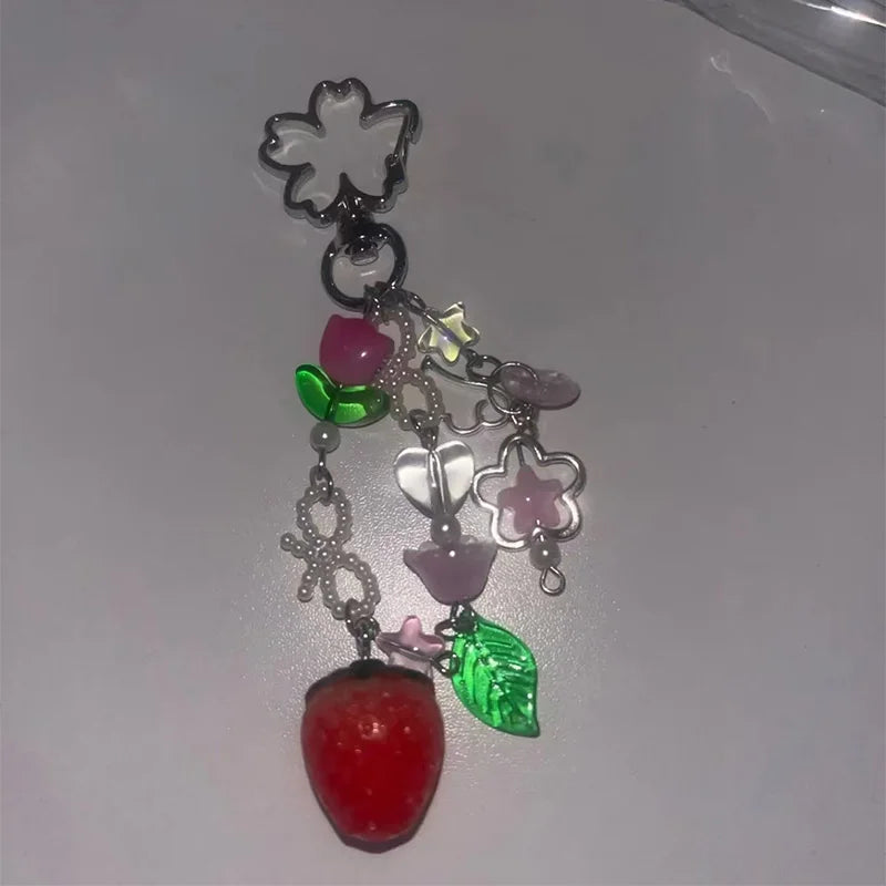Delightful Strawberry Bow Keychain Y2K Charm Bag Pendant Lily Of The Valley Fairy Tale Jewelry Accessories 🍓🎀💫