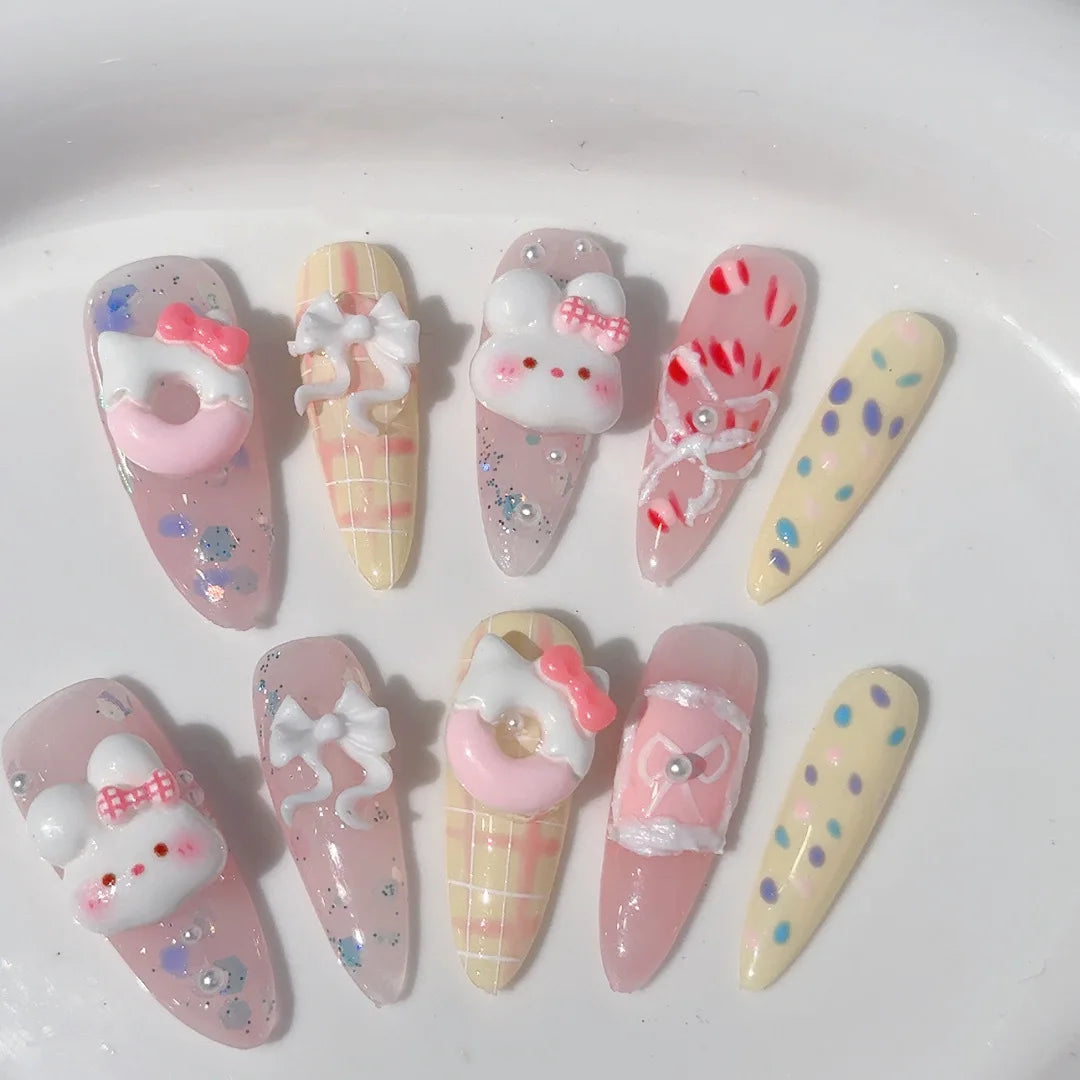 Kawaii 10pcs Rabbit-Themed Press-On Nails 🐰💖 Sweet Pink Almond Acrylics for Parties & Fun! 🎉✨